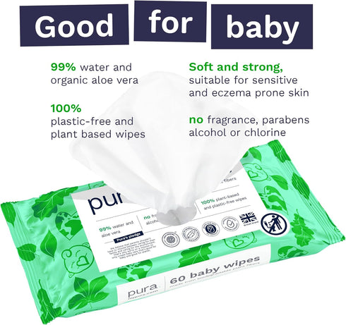 99% 3 60 pack (180 Pura Natural Sensitive Baby Wipes, Water, Unscented & Hypoallergenic, Suitable for Sensitive