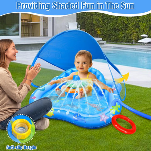 Swimming iGeeKid Baby Play Mat with Sprinkler, Inflatable Baby Pool Float with Canopy Backrest & Stackable Rings Water