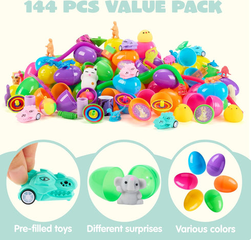 144 JOYIN PCS Prefilled Easter Eggs with Assorted Toys for Easter Egg Hunt, Party Favors, Basket Stuffers, Classroom