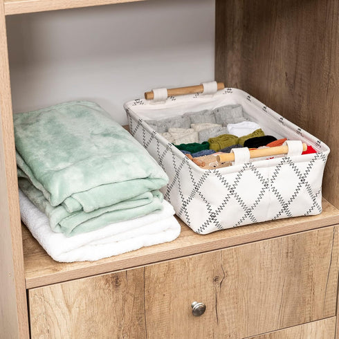 Decorative Collapsible Rectangular Fabric Storage Bin Organizer Basket - 15.4x10.6x5.1 inch, White with Wooden Handles