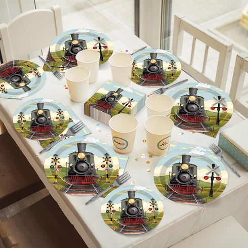 96 Set 24 Pcs Train Paper Plates and Napkins Party Supplies Steam Train Birthday Disposable Tableware Retro Trains