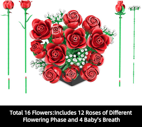 Set, 960PCS Sopu Red Rose Bouquet Building Roses Artificial Flowers Botanical Collection for Dinner Table Home Decor