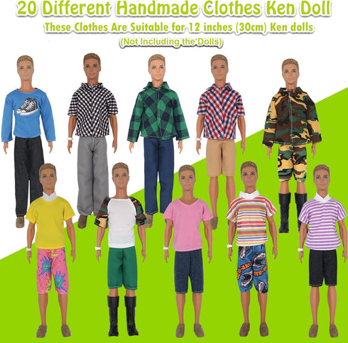 32Pcs Doll Clothes and Accessories for 12 Inch Boy Dolls Include 20 Different Wear Clothes Shirt Jeans Beach Shorts 4 Pairs of Shoes, Glasses, Earphones for 12'' Boy Doll