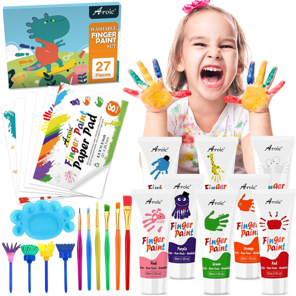 27PCS Kids Washable Finger Paint Set, Non-Toxic Finger Paints 8 Colors, Brushes, Sponges, Art Painting Supplies for
