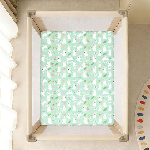 miaozhen 1 Pack 52x28 Cotton Baby Crib Sheets Ultra Soft Cute Bunny Rabbit Butterfly Flower Light Green Playard