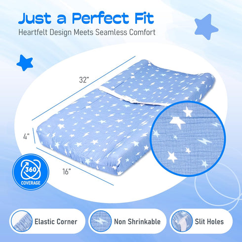 100% (Pack 2) Muslin Changing Pad Cover Ultra Soft, Breathable, Secure Fit, Fade-Resistant Prints for Boys and Girls