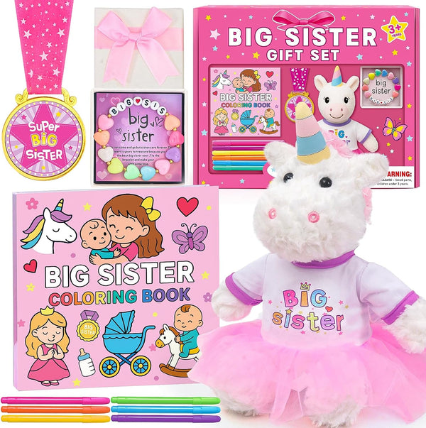 HAPGFS Big Sister Gift Set for Girls - Plush Unicorn with Big