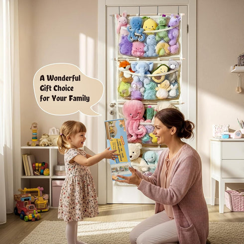 Hammock Over Door Large-Capacity Stuffed Animal Storage with Metal Hook & Wooden Stick, Hanging Plush Animal Bear Doll
