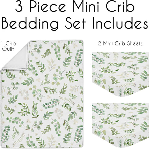 Set Pack 3pc Sweet Jojo Designs Green Boho Floral Leaf Baby Boy Girl Mini Crib Bedding Infant Nursery Room Newborn