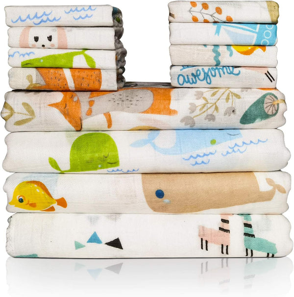 Omilion Baby Swaddle Blanket and Washcloths Set,12 Pieces Muslin Cotton Baby Swaddle