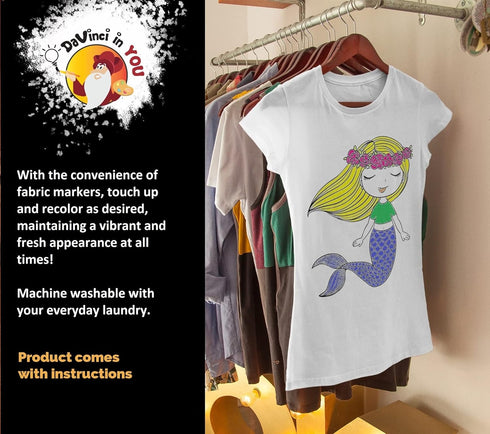 Mermaid Coloring Kit for Girls - DIY Shirt with 10 Fabric Markers and Alphabet Stencil