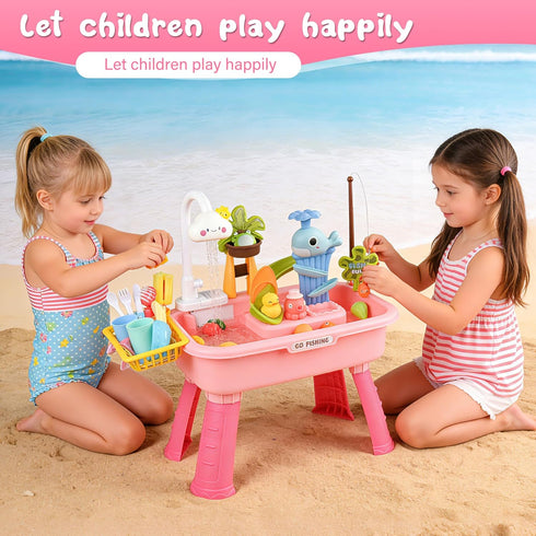 AZTWMYS 3+ Upgraded Toddler Sand Water Table Toy with Electric Water Pump, Kids Sand Water with Faucet/Play Food