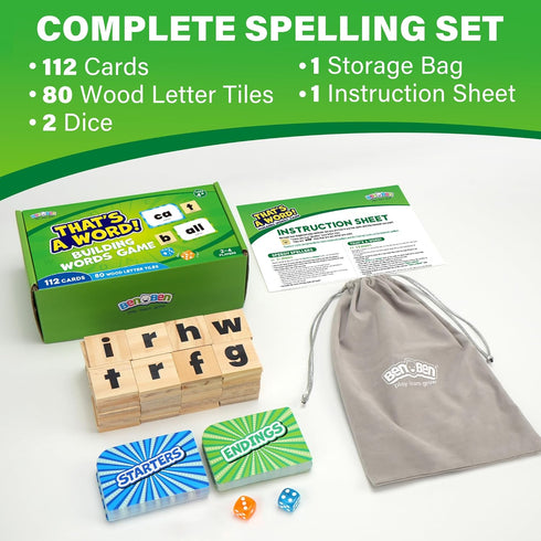 112 4+ 14 BenBen Family Spelling Games with Flash Cards & Wooden Letter Tiles, CVC Sight Word Building Phonics Game