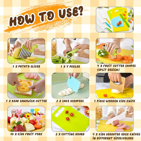 27 Set 2-10 Pcs Montessori Kitchen Tools for Toddlers, Kids Knives for Real Cooking Safe Knife Include Toddler Cutting