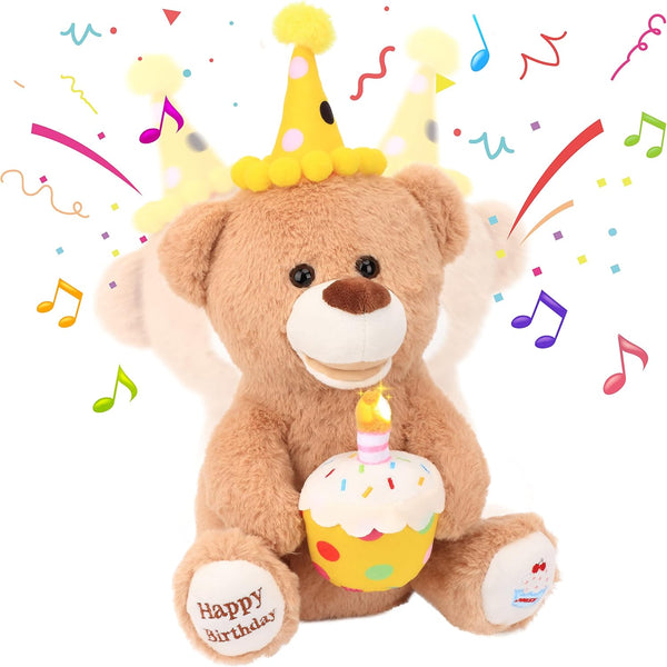 Hopearl Happy Birthday Teddy Bear with Glowing Cupcake - Musical Stuffed Animal Bear, Interactive Kids Gift, Brown
