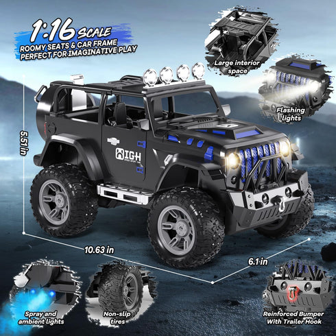UCAI 1:16 2.4GHz Remote Control Car with Spray, Lights and Sound, Remote Control Jeep for Kids, All Terrain Off-Road