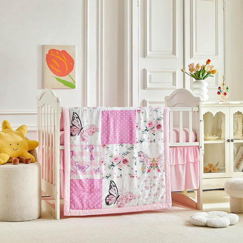 Set 3 Set Patchwork Crib Bedding Butterfly Plaid Floral Design Pieces Baby Girl Cute Quilted Comforter with Fitted