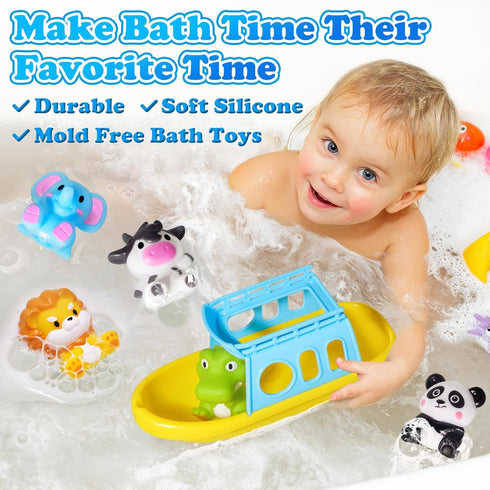 Set 1+ 5PCS Summer Oriate Bath Toys for Year Old, Mold Free Silicone Animal Finger Puppets with BPA Free Boat
