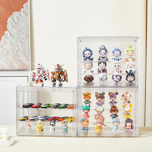 Case,2 Pack 3 2 Clear Acrylic Display Tier Adjustable Display Box Stand with Movable Plates, Small Showcase Magnetic