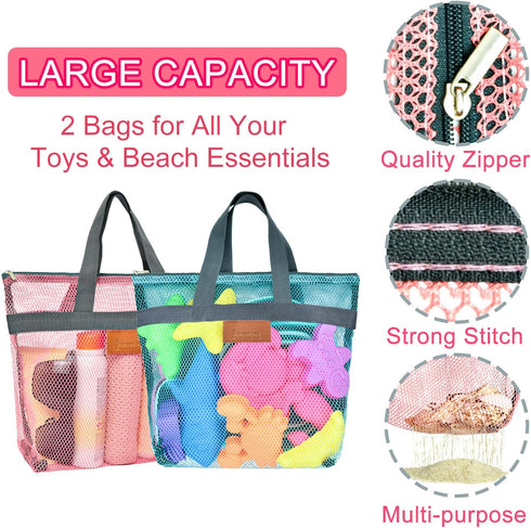 2 Set Collapsible Beach Sand Toys for Kids - Travel Beach Toys with Collapsible Beach Buckets, Mesh Bags, Animal Sand