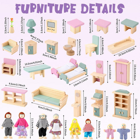 35 Set 8 1:12 Sumind Pcs Wooden Dollhouse Furniture with Family Figures, Scale Miniature Dolls House Accessories