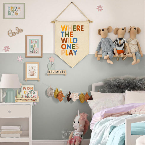 FYSIA Where The Wild Ones Play-Canvas Hanging Pennant Flag Banner Wall Sign Decor for Nursery Baby Kids Girl Boy Teen