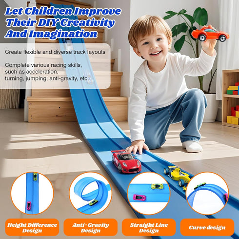 15 1/64th 3+ Flexible Race Track Toys for Kids: Ft Flex Race Car Ramp Track with Suction Cups - Rolls Up Portable DIY