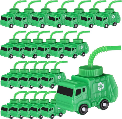 Tanlade Truck Birthday Party Favor Gifts, 10 oz Plastic Garbage Truck Shape Cup with Straws, 24 Sets