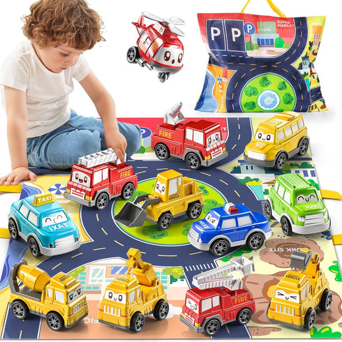 TEMI Toddler Pull Back Car Toys, 12 Pieces Baby Toy Cars with Play Mat/Storage Bag, Gifts for 1-3 Year Olds