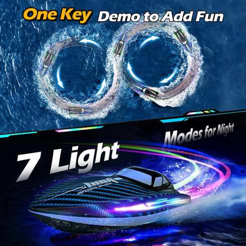 jogpun 30KMH 7 8-12 Cooling,20Mins,Low Alert,2.4Ghz,Blue RC Remote Control Boat with LED Light Modes Waterproof