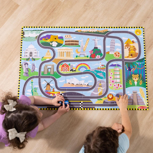 (48 4+ Melissa & Doug Race Around the World Tracks Cardboard Jigsaw Floor Puzzle and Wind-Up Vehicles Pcs)
