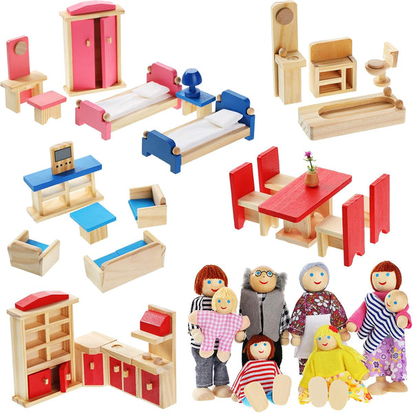 Sumind Wooden Dollhouse Furniture Set - 23 Pcs with 8 Pcs Doll House People Figures