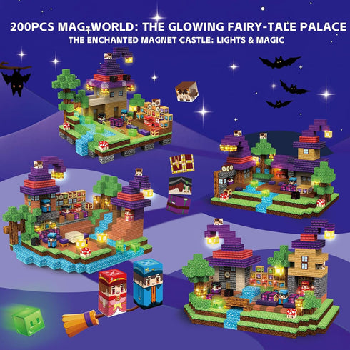 200PCS Set 3+ Magnetic Blocks - Magnetic School Castle with Light Up Blocks - Kids Classroom Sensory Toy for Toddlers