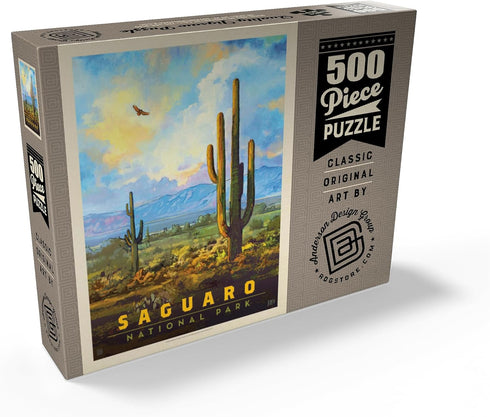 MyPuzzle Saguaro National Park: Desert Daybreak Vintage Poster - Premium 500 Piece Jigsaw Puzzle for Adults