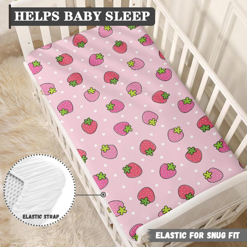 JEPFEIXIA 28"x52" Pink Strawberry Fitted Crib Sheet for Girls Cute Strawberries Baby Sheet for Standard Crib