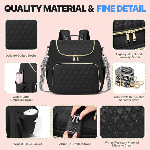 Xocvji Backpack 4 1 Diaper Bag with Changing Pad, Crossbody in Convertible Baby Bag with Insulated Pockets and Stroller