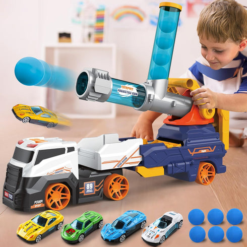 Dwi Dowellin Truck Toys for Kids, 28" Large Car Toys Include 4 Racing Cars + 6 Balls, Light & Sounds, Ejection &