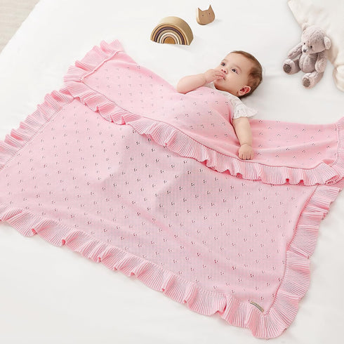 40 31 Inches Cozy Ruffle Cotton Pointelle Knitted Baby Blanket, x Soft Newborn Swaddle Blanket for Girls, Crib Stroller