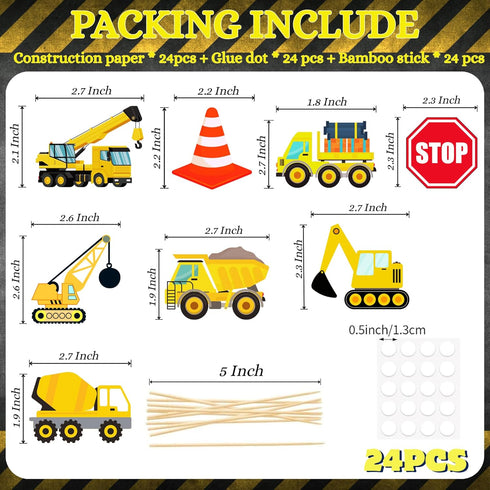 PAVATUTAT 24 PCS Construction Cupcake Toppers Stop Sign Dump Truck Excavator Tractor Party Cake Food Picks Decorations