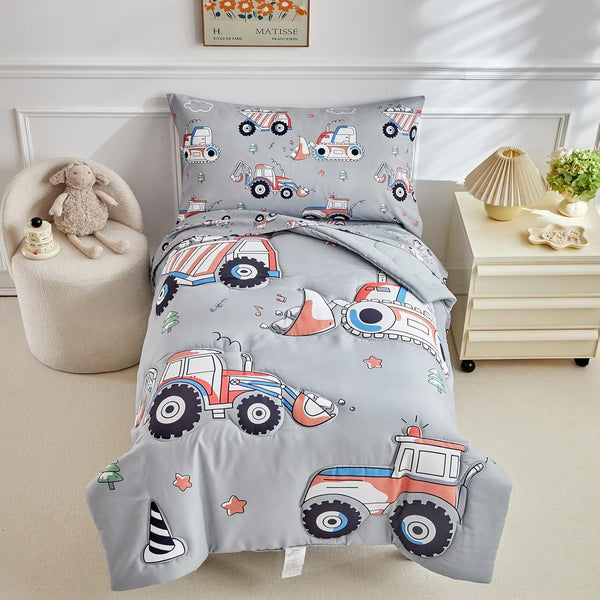 Construction Toddler Bedding Set for Boys,4 Pieces Gray Toddler Comforter Set,Truck Vehicles