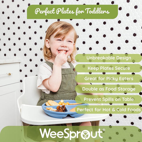 WeeSprout Suction Plates for Babies & Toddlers - 100% Silicone, Divided Design, Microwave & Dishwasher Friendly, 3 Pack