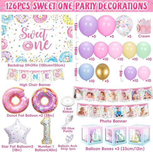 SNLN 1st Sweet One Birthday Party Decorations, First Birthday Decorations for Girl, Balloon Box Photo Banner Donut Foil