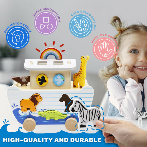 Set, 2-4 bpmfkid Noah's Ark Wooden Toy Educational Wooden Animal Toys for Toddlers, Montessori Shape Sorter Educational