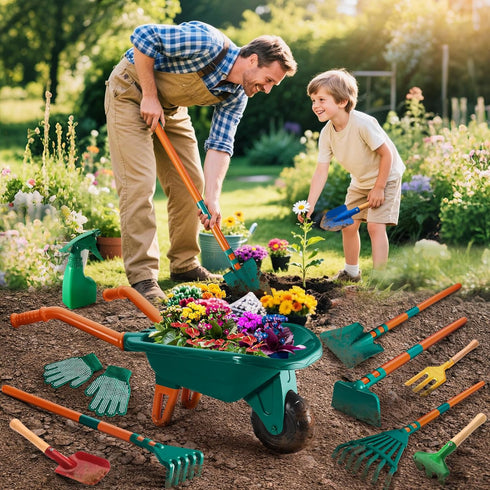 HOSPONY Set-Kids Wheelbarrow Set Set 3+ Kids Gardening Gardening Tools with Shovel, Leaf Rake, Gloves, Spray