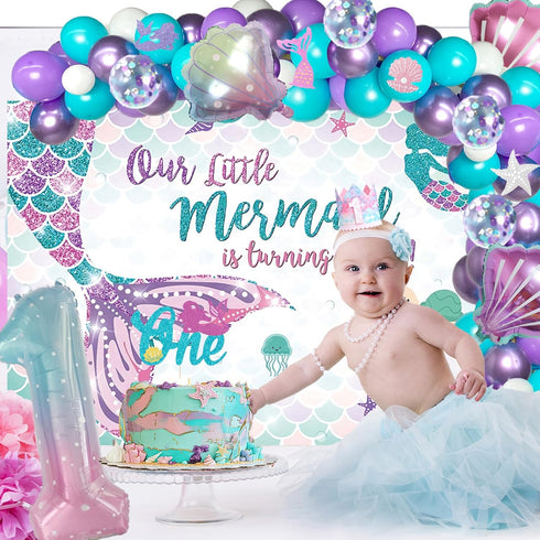 Fiesec 1 1st 114 Mermaid Birthday Decorations Year Old Girl, Mermaid Party Decorations Backdrop Balloon Garland Monthly