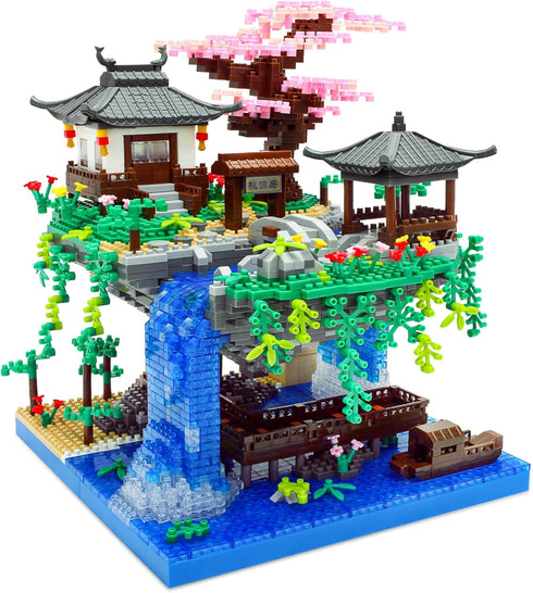 Light-Up Peach Blossom Pond Micro Mini Bricks Kit, Chinese Architecture Cherry Bonsai