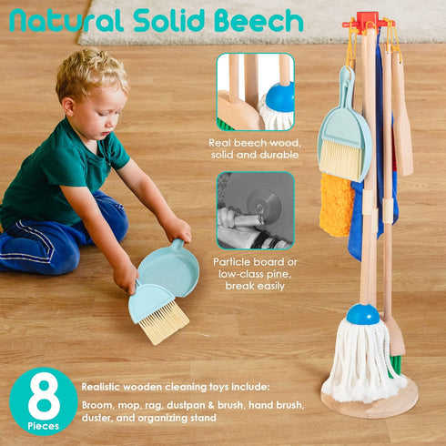 Set, 8 Set 3-6, Kids Cleaning Pcs Wooden Housekeeping Play Includes Broom Mop Duster Dustpan Brushes Rag and Organizing
