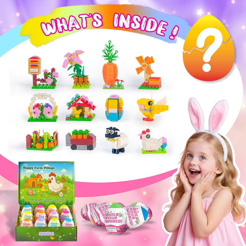 2026 Set -12-in-1 6+, New Easter Gifts Building for Kids Happy Farm Village Building Toy with Prefilled Eggs, Easter