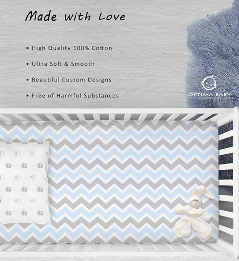 OptimaBaby 2 Count Elephant Chevron Fitted Crib Sheets, Blue