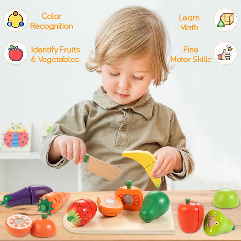 Set 3 4 5 6 7 Wooden Play Food for Toddlers, Fruit and Veggies Cutting for Kids, Pretend Food Play Kitchen Accessories